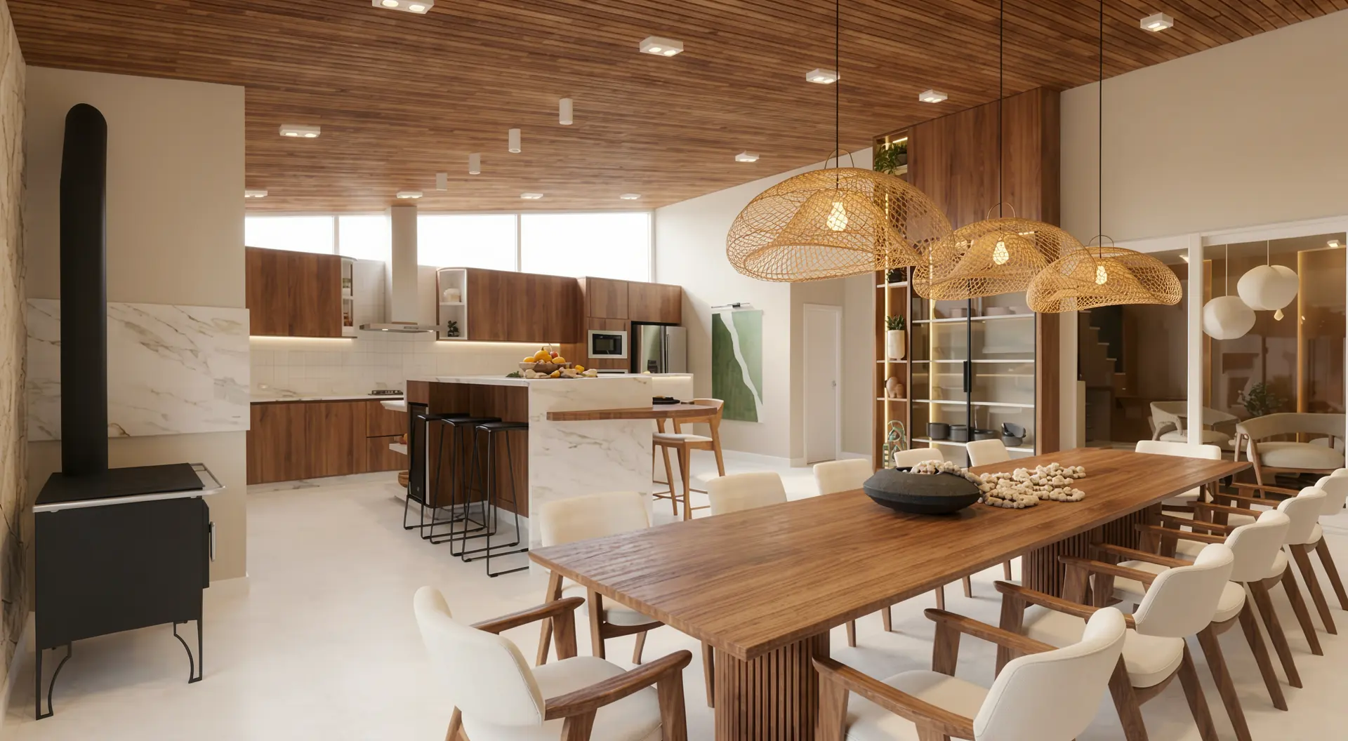 Área gourmet integrada com mesa de madeira, cozinha e luminárias de fibra natural