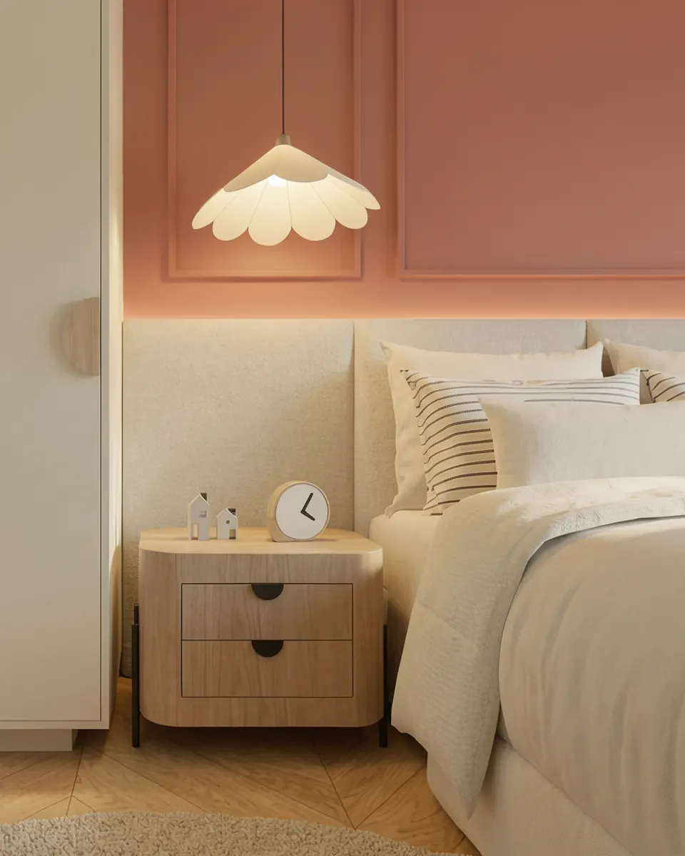 Quarto com painel terracota, pendentes em formato de flor e criado-mudo de madeira