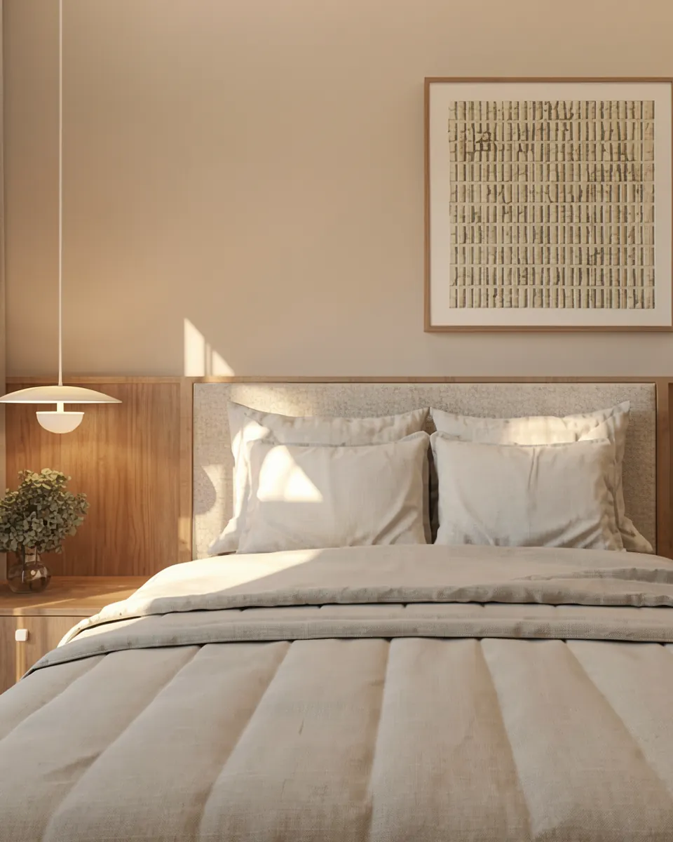 Quarto com painel de madeira, quadros sobre a cama e bancada de trabalho