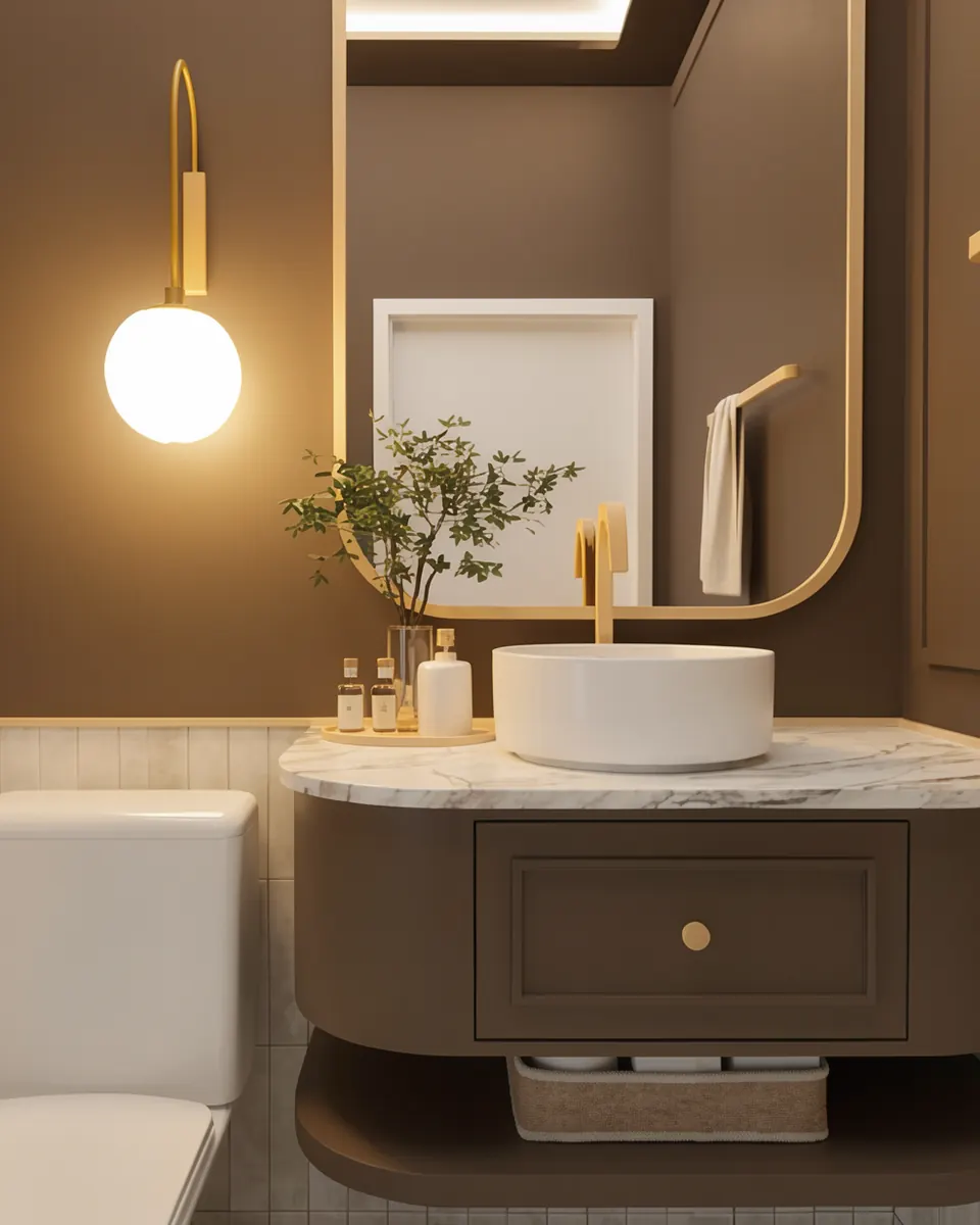 Lavabo com paredes marrons, espelho de moldura dourada e cuba de apoio