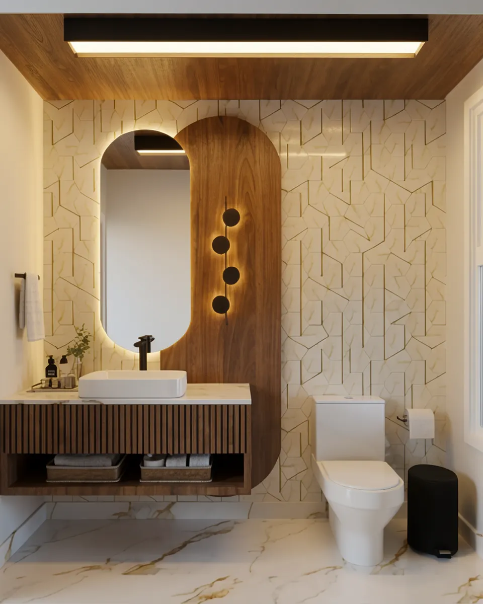 Lavabo com espelho em arco, painel de madeira e revestimento em relevo
