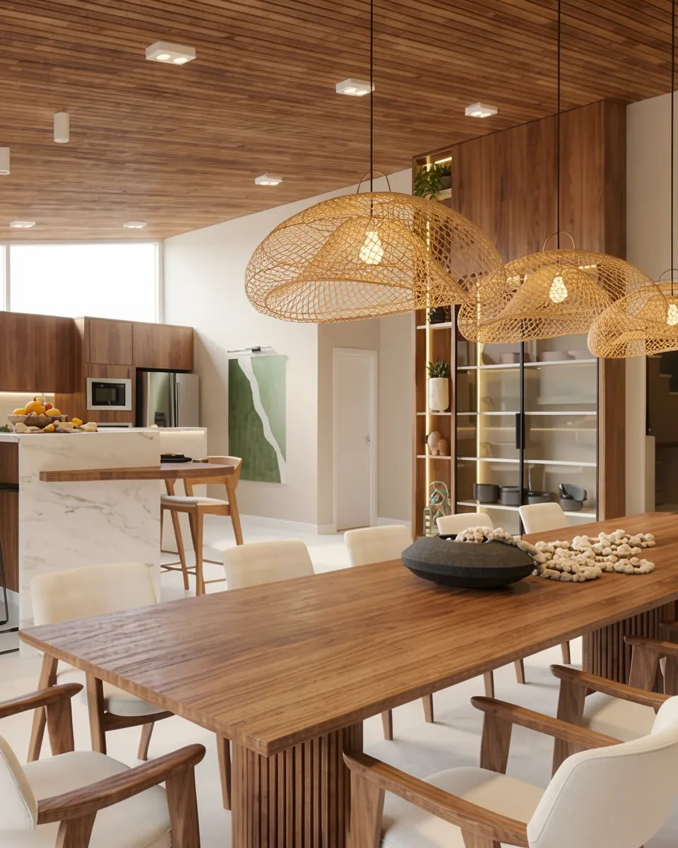 Área gourmet com mesa de madeira, cozinha integrada e luminárias de fibra natural